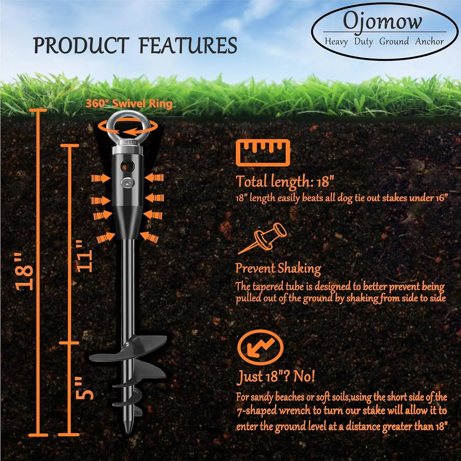18" Heavy Duty Dog Tie Out Stake for Cable & Leash & Chain & Yard & Outside & Beach, Ground Stakes or Anchor for Large Dog Runner & Lead for Yard, Dog Camping Essentials (Stake 15FT Cable)