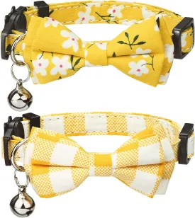 2 Pack Cat Collar Breakaway with Cute Bow Tie Bell Charm, Flower Plaid Collars for Girl Boy Cats Kittens with Adjustable Safety Buckle-Yellow