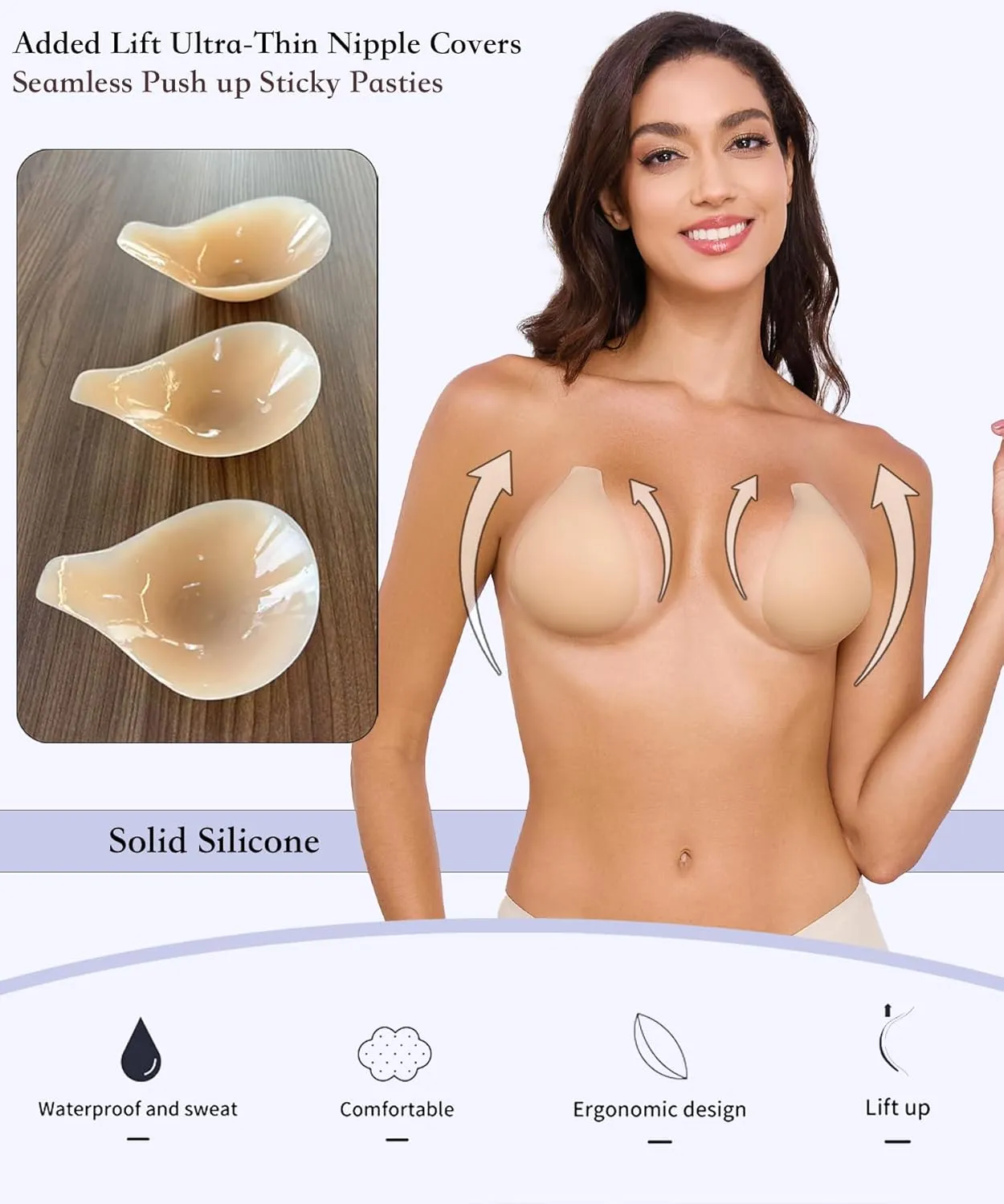 2025 Added Lift Ultra-Thin Seamless Nipple Covers Push up Sticky Adhesive Bras Solid Silicone Pasties for Women