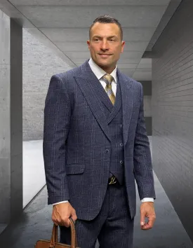 3Pc Single Breasted 1 Button Peak Lapel Plaid Suit With Solid Color Matching Vest. Super 200\'S Italian Wool And Cashmere. Modern Fit Flat Front Pants| STEFANO| Navy