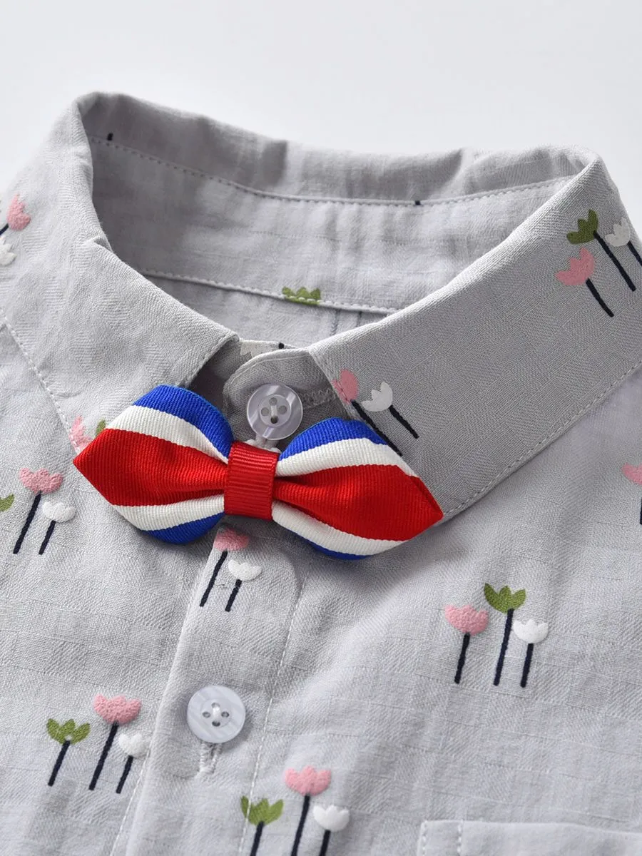 4 PCS Gentleman Style Set Bowtie Flower Print Romper Shirt and Adjustable Shoulder Straps Light Blue Overalls