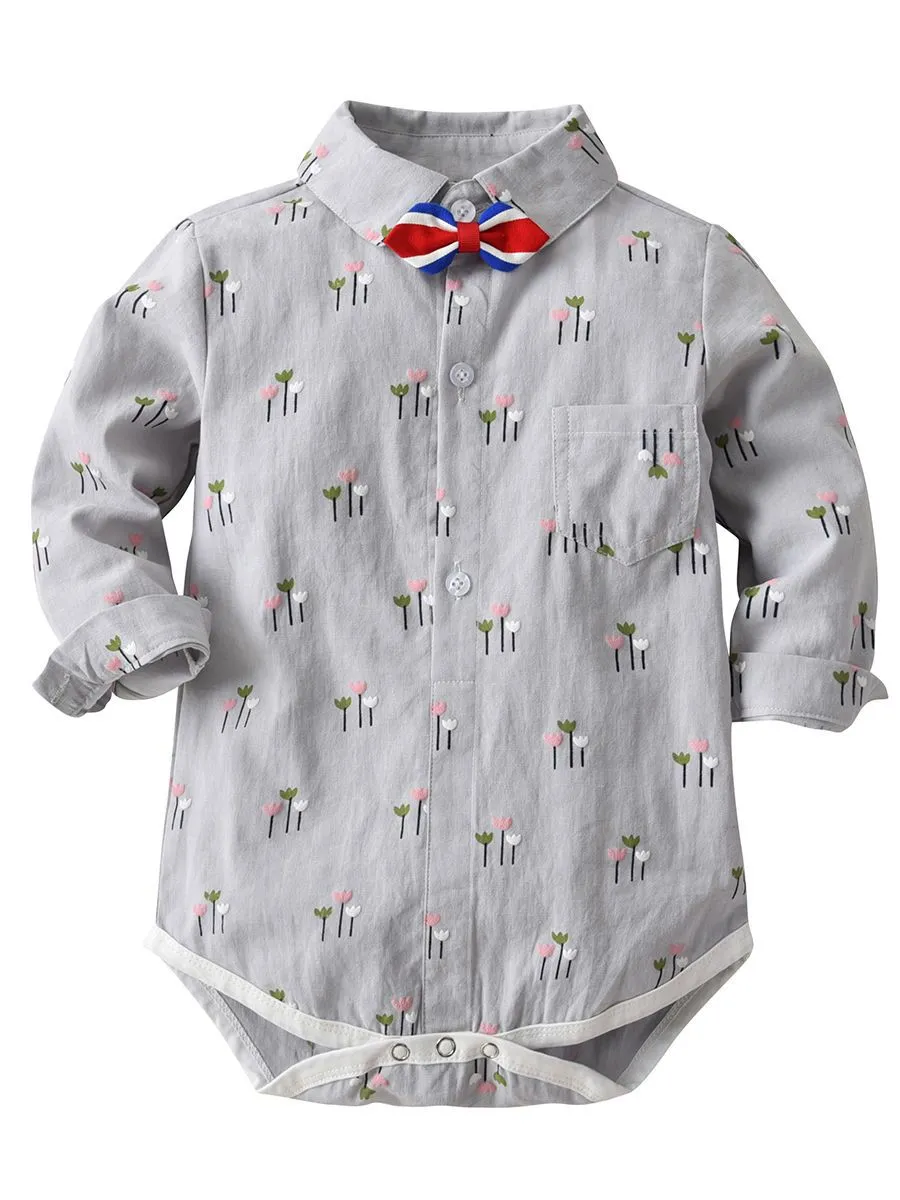 4 PCS Gentleman Style Set Bowtie Flower Print Romper Shirt and Adjustable Shoulder Straps Light Blue Overalls