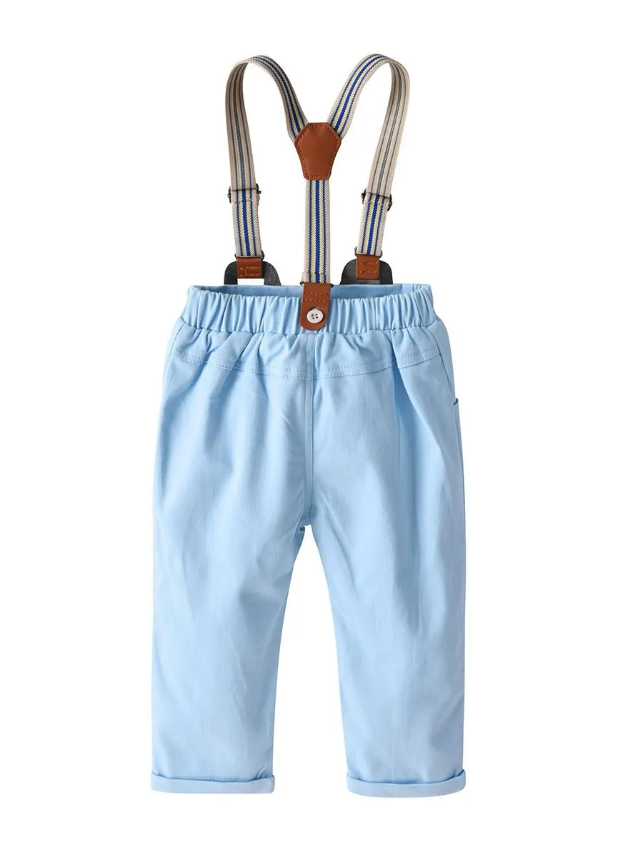 4 PCS Gentleman Style Set Bowtie Flower Print Romper Shirt and Adjustable Shoulder Straps Light Blue Overalls
