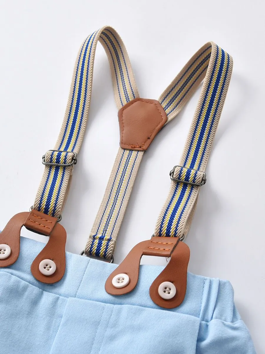 4 PCS Gentleman Style Set Bowtie Flower Print Romper Shirt and Adjustable Shoulder Straps Light Blue Overalls