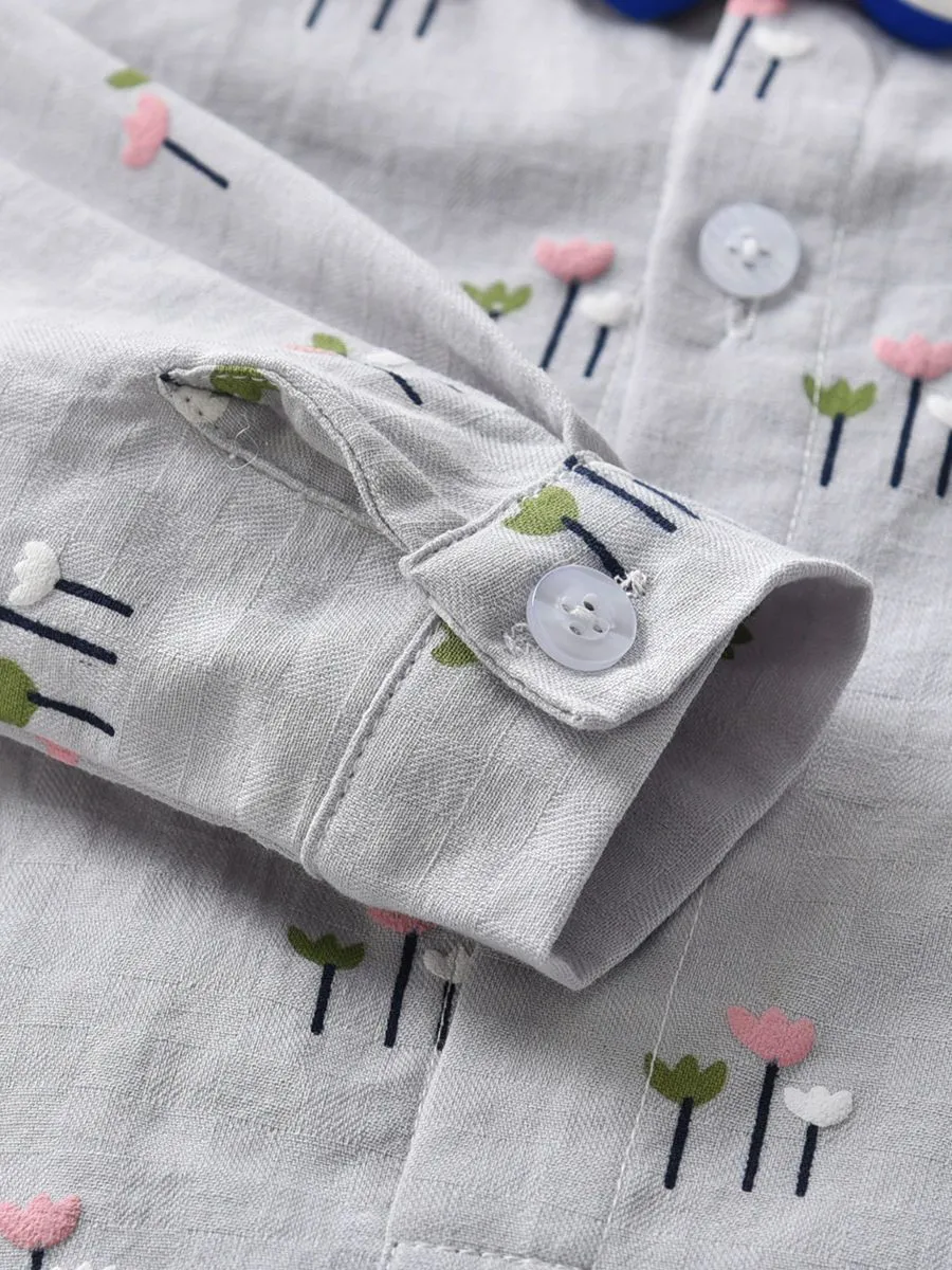 4 PCS Gentleman Style Set Bowtie Flower Print Romper Shirt and Adjustable Shoulder Straps Light Blue Overalls