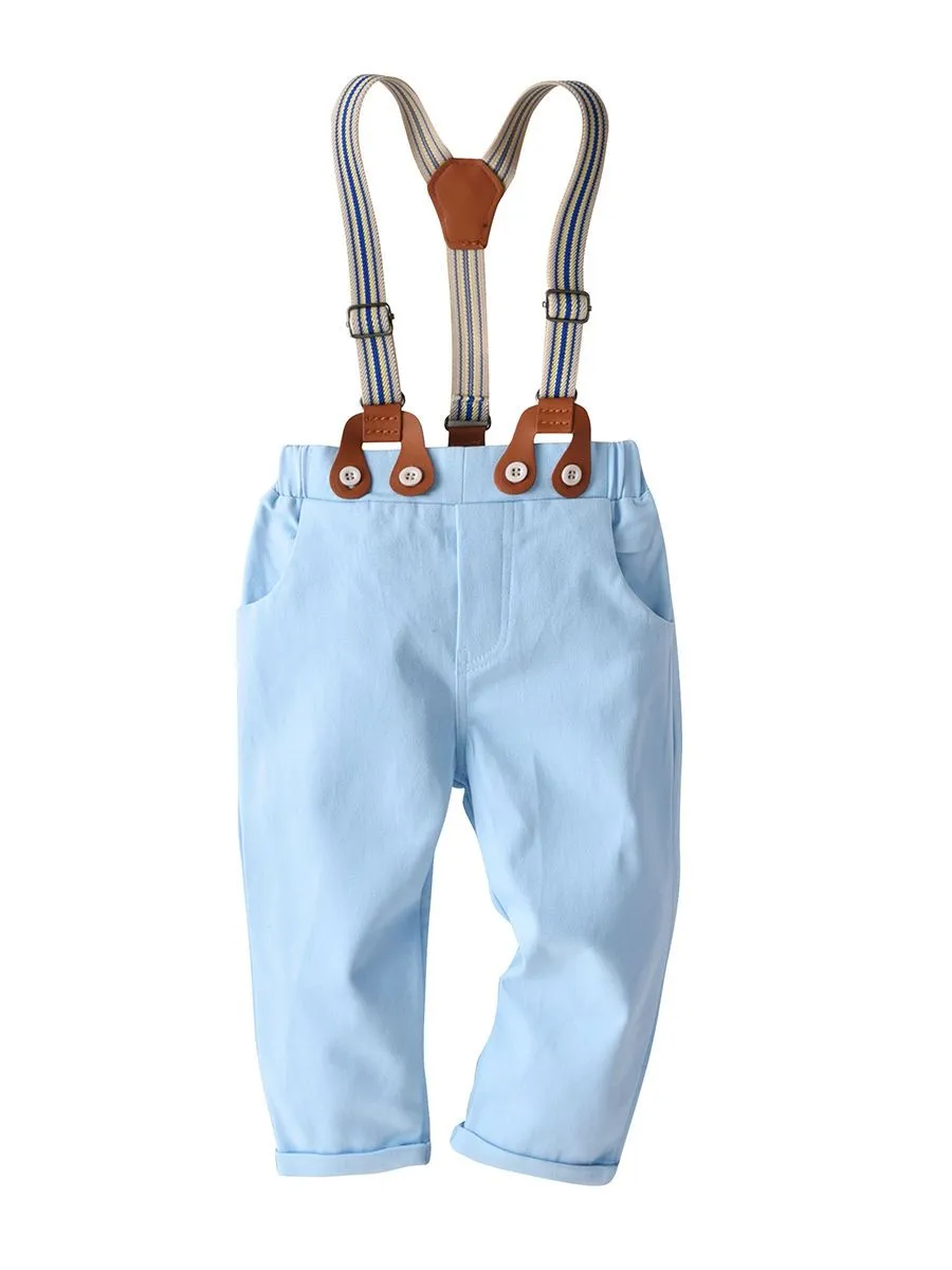 4 PCS Gentleman Style Set Bowtie Flower Print Romper Shirt and Adjustable Shoulder Straps Light Blue Overalls