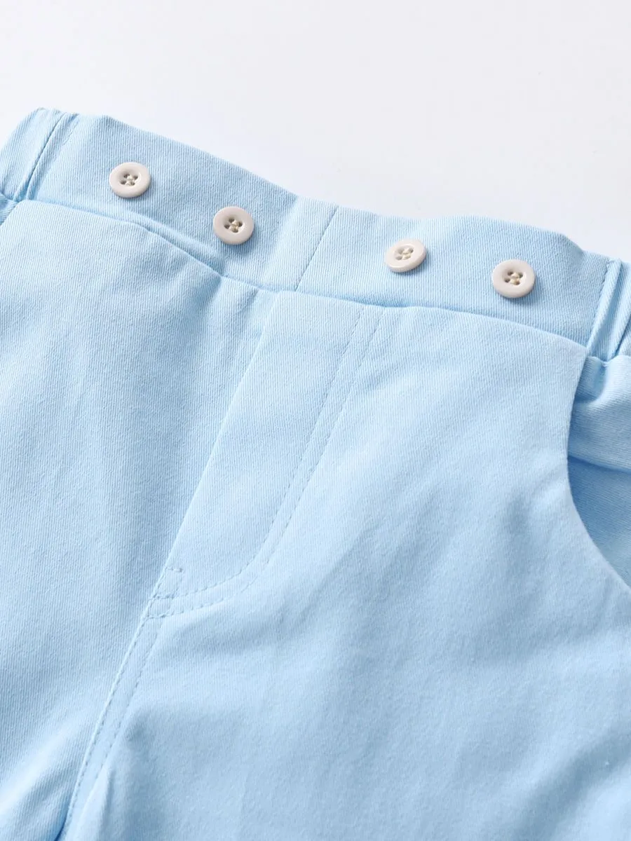 4 PCS Gentleman Style Set Bowtie Flower Print Romper Shirt and Adjustable Shoulder Straps Light Blue Overalls