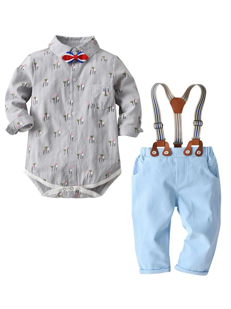 4 PCS Gentleman Style Set Bowtie Flower Print Romper Shirt and Adjustable Shoulder Straps Light Blue Overalls