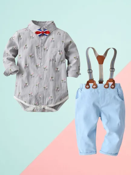 4 PCS Gentleman Style Set Bowtie Flower Print Romper Shirt and Adjustable Shoulder Straps Light Blue Overalls