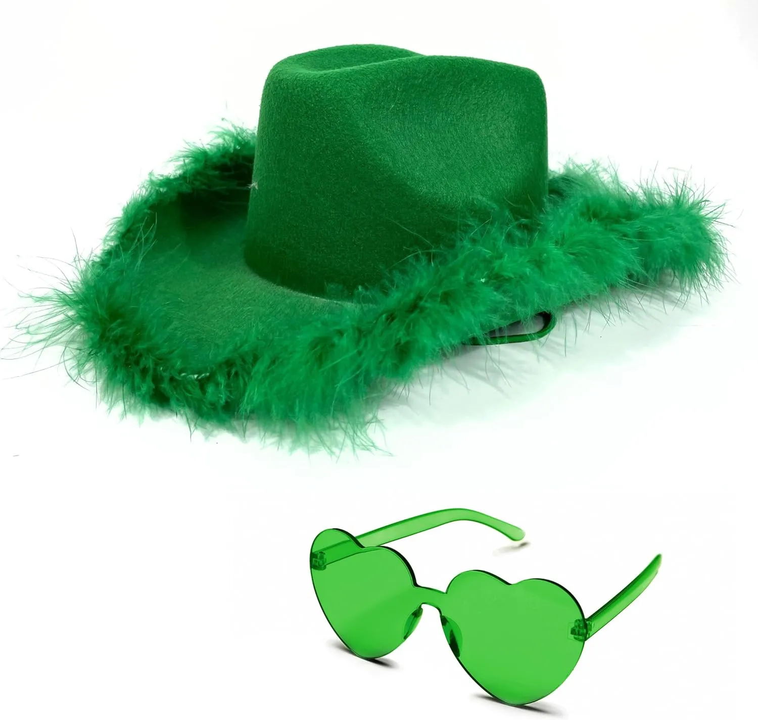 4E's Novelty Cowboy Hat with feathers With Heart Shaped Sunglasses for Women, Felt Cowgirl Hat for Party Costume Dress Up