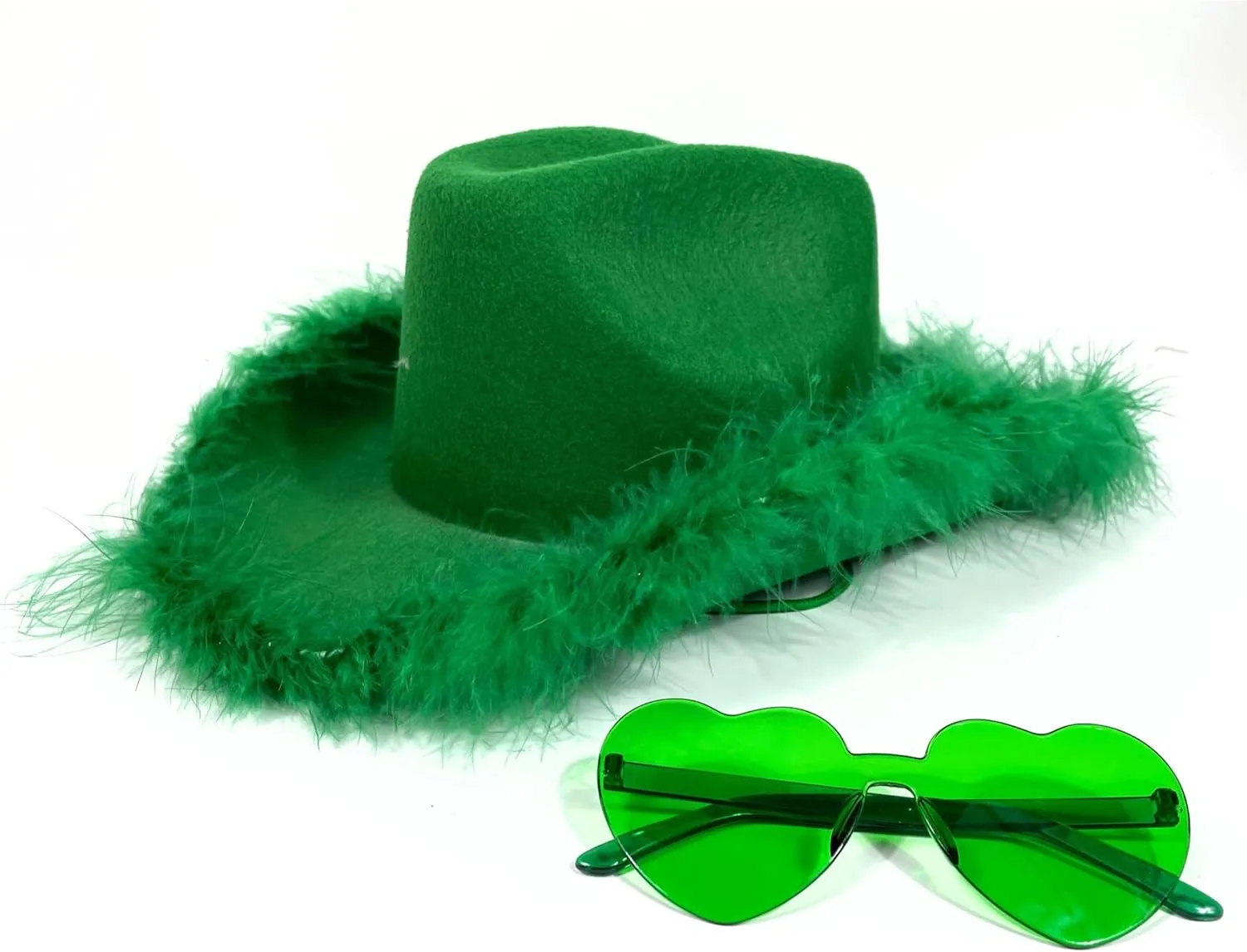 4E's Novelty Cowboy Hat with feathers With Heart Shaped Sunglasses for Women, Felt Cowgirl Hat for Party Costume Dress Up