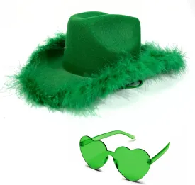 4E's Novelty Cowboy Hat with feathers With Heart Shaped Sunglasses for Women, Felt Cowgirl Hat for Party Costume Dress Up