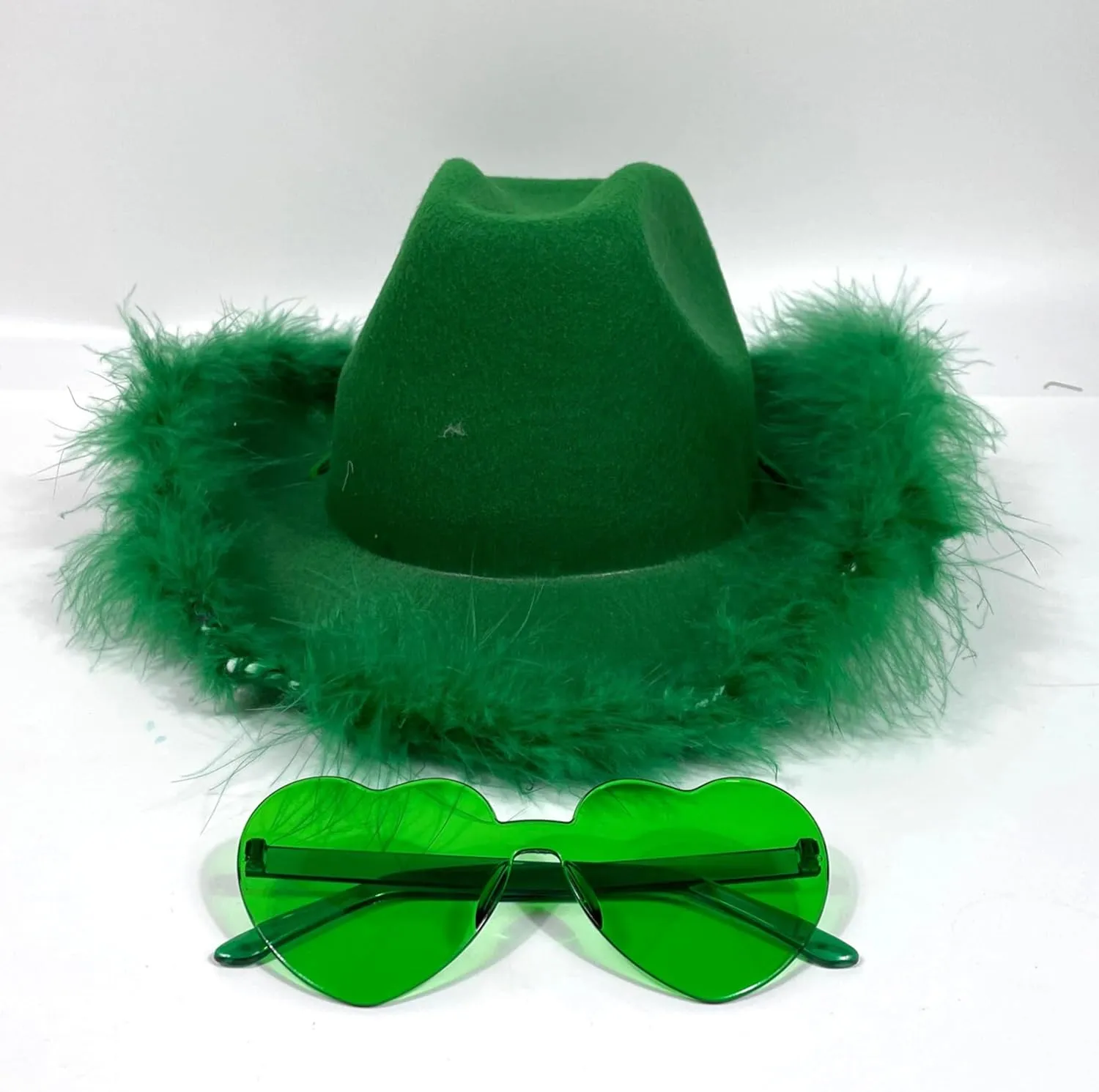 4E's Novelty Cowboy Hat with feathers With Heart Shaped Sunglasses for Women, Felt Cowgirl Hat for Party Costume Dress Up