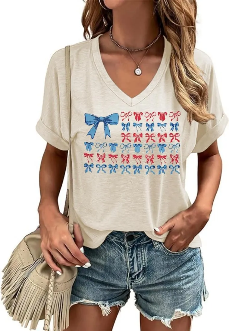4th of July Patriotic V Neck Shirt for Women Funny American Flag Graphic Tee Summer Short Sleeve T-Shirt Blouse