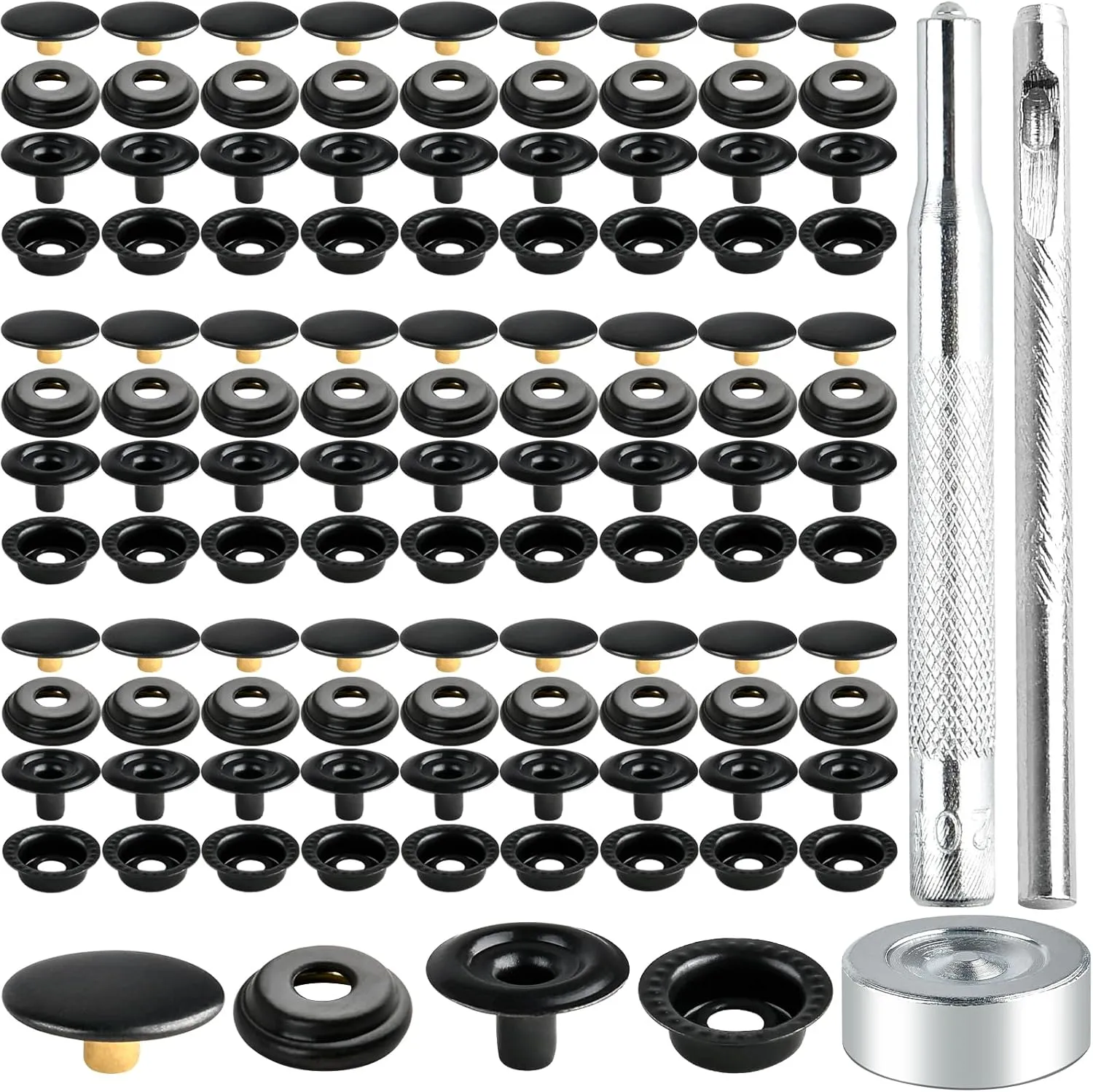 Aemygo 300 Pieces Heavy Duty Metal Snap Fastener Kit, 15mm Brass Snap Button Press Stud Caps with Fixing Tools Black Metal Button Snaps for Marine Boat Canvas Bag Leather DIY Craft