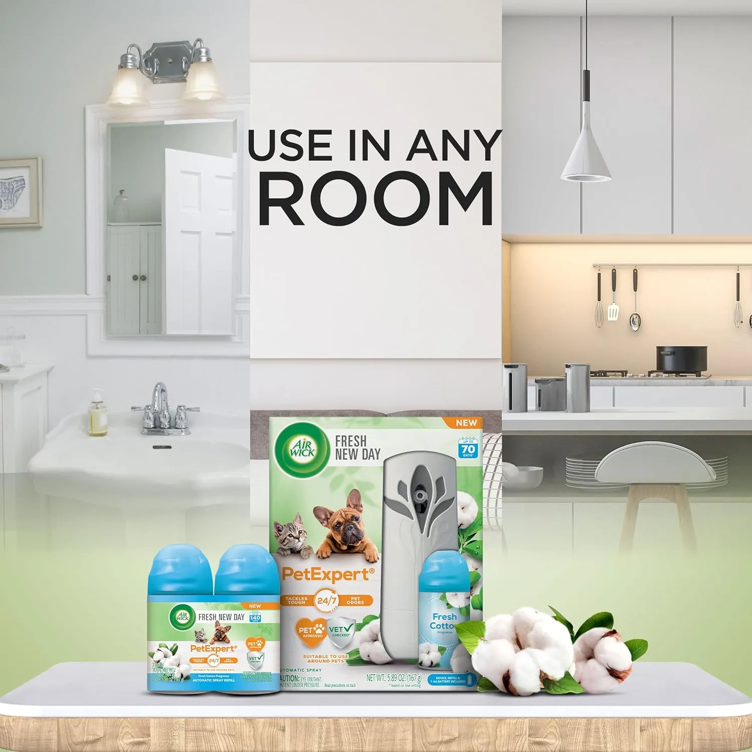 Air Wick Automatic Spray Starter Kit Fresh New Day Pet Fresh Cotton, Air Freshener, Essential Oils