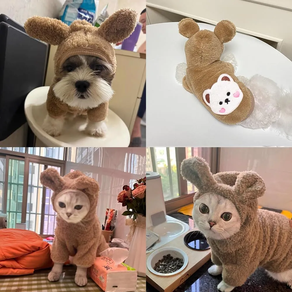 ANIAC Small Dog Winter Coat for Puppy Warm Fleece Hoodies Cute Bear Design Pet PJS Jumpsuit Soft Cold Weather Clothes for Cats Chihuahua Yorkie Poodle Teddy (X-Small, Brown)