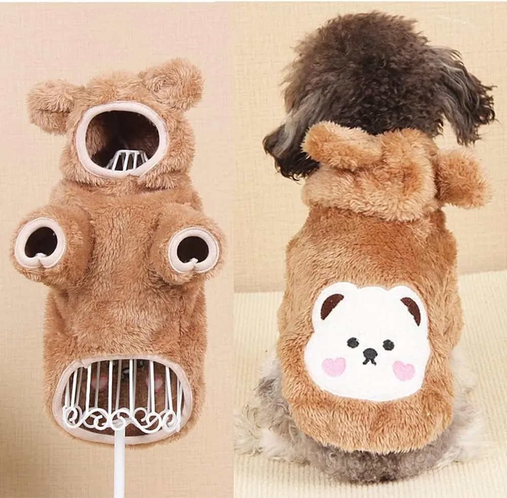 ANIAC Small Dog Winter Coat for Puppy Warm Fleece Hoodies Cute Bear Design Pet PJS Jumpsuit Soft Cold Weather Clothes for Cats Chihuahua Yorkie Poodle Teddy (X-Small, Brown)