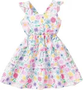 Baby Girls Tiered Dress Flutter Sleeve Twirly Unicorn Sundress Kids Cute Outfits Toddler Summer Dresses 2-8 Years Old