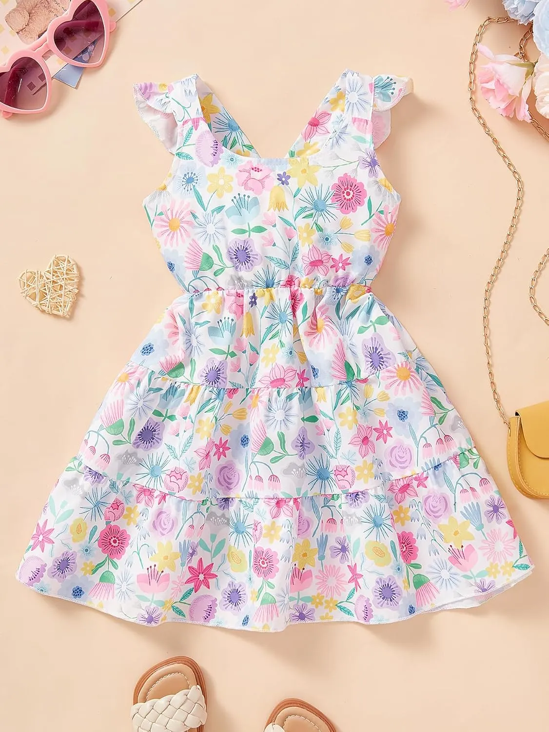 Baby Girls Tiered Dress Flutter Sleeve Twirly Unicorn Sundress Kids Cute Outfits Toddler Summer Dresses 2-8 Years Old