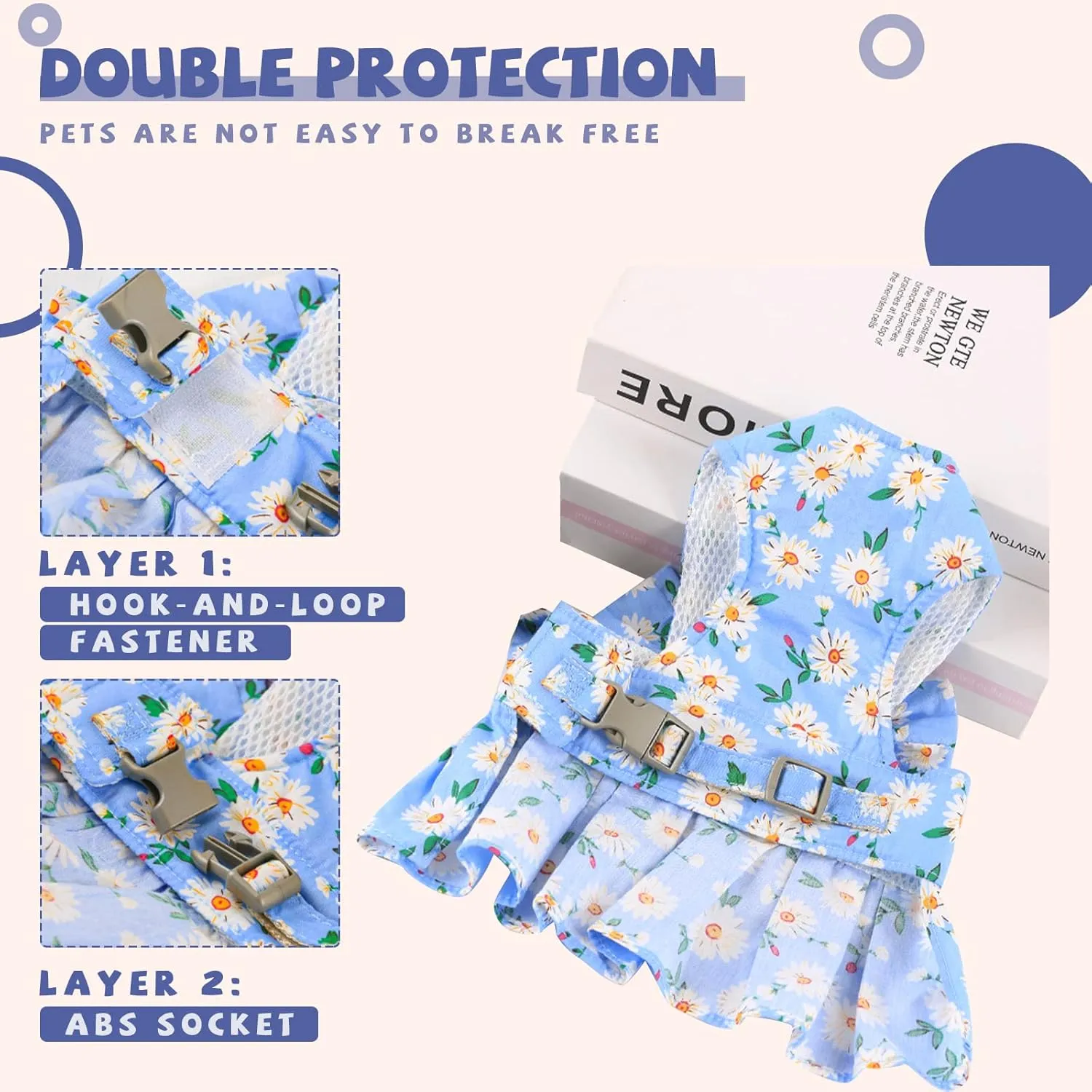 BAEJMJK Dog Dress Bowknot Harness Leash Set for Small Dogs Cats Daisy Floral Girl Dog Dresses Cute Puppy Princess Clothes Pet Doggy Outfits Spring Summer Breathable Dresses(Blue,Large)