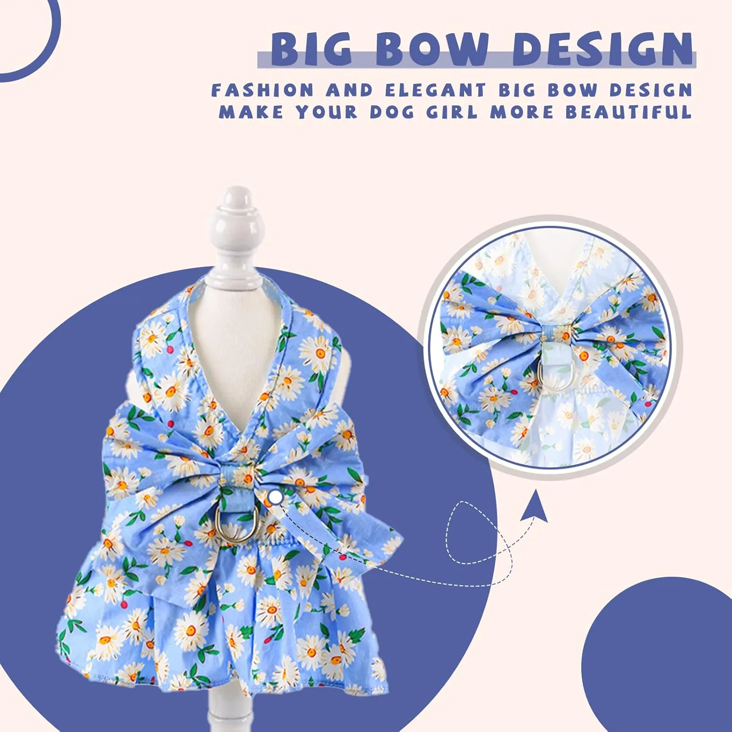 BAEJMJK Dog Dress Bowknot Harness Leash Set for Small Dogs Cats Daisy Floral Girl Dog Dresses Cute Puppy Princess Clothes Pet Doggy Outfits Spring Summer Breathable Dresses(Blue,Large)