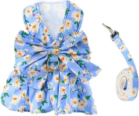 BAEJMJK Dog Dress Bowknot Harness Leash Set for Small Dogs Cats Daisy Floral Girl Dog Dresses Cute Puppy Princess Clothes Pet Doggy Outfits Spring Summer Breathable Dresses(Blue,Large)