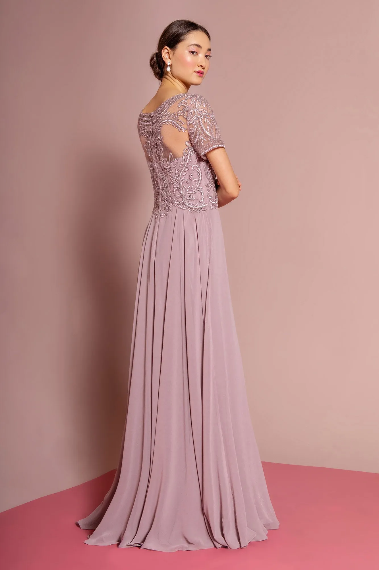 Beaded Bodice Cap Sleeve A-Line Chiffon Dress GLGL2683