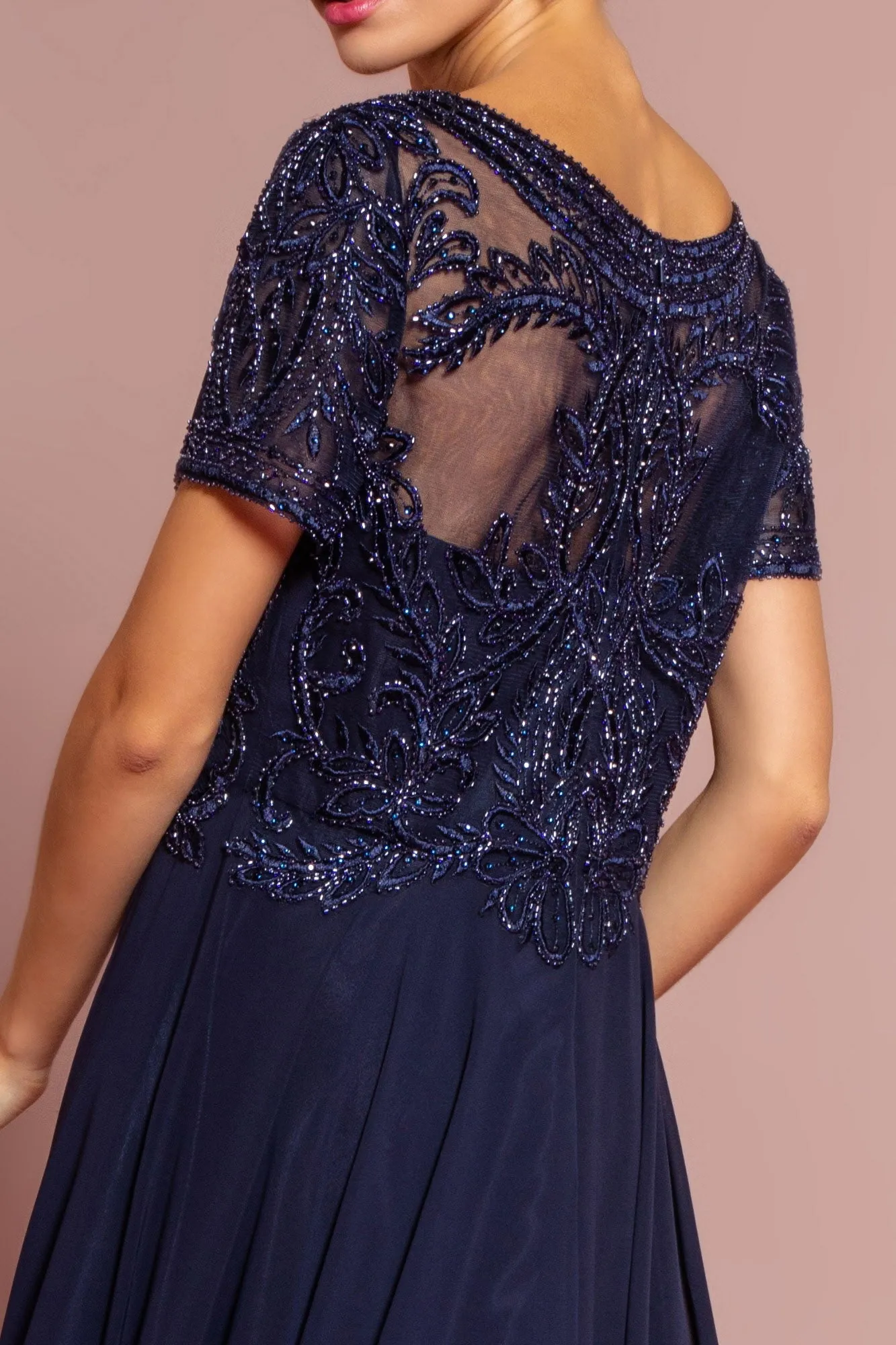 Beaded Bodice Cap Sleeve A-Line Chiffon Dress GLGL2683