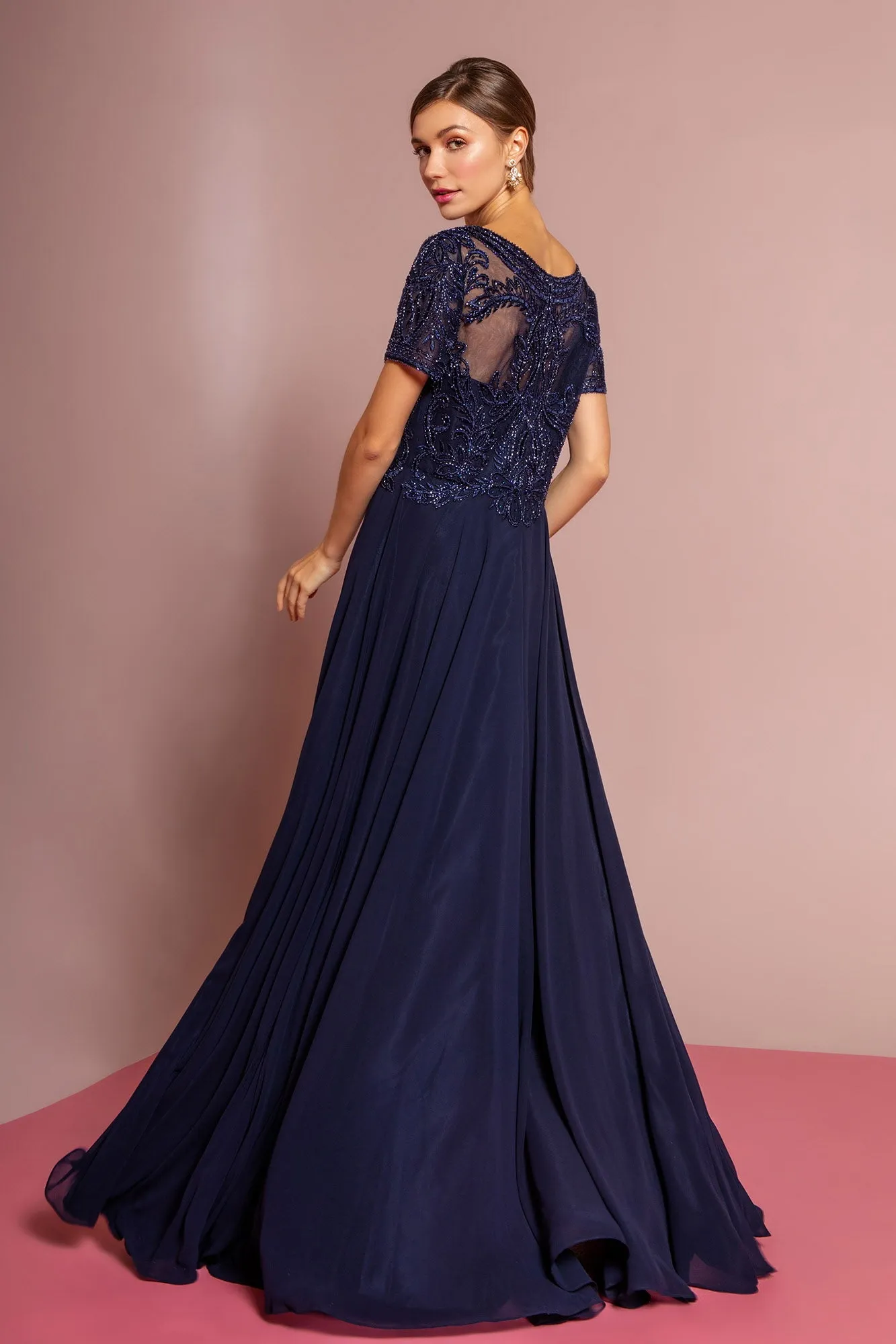 Beaded Bodice Cap Sleeve A-Line Chiffon Dress GLGL2683