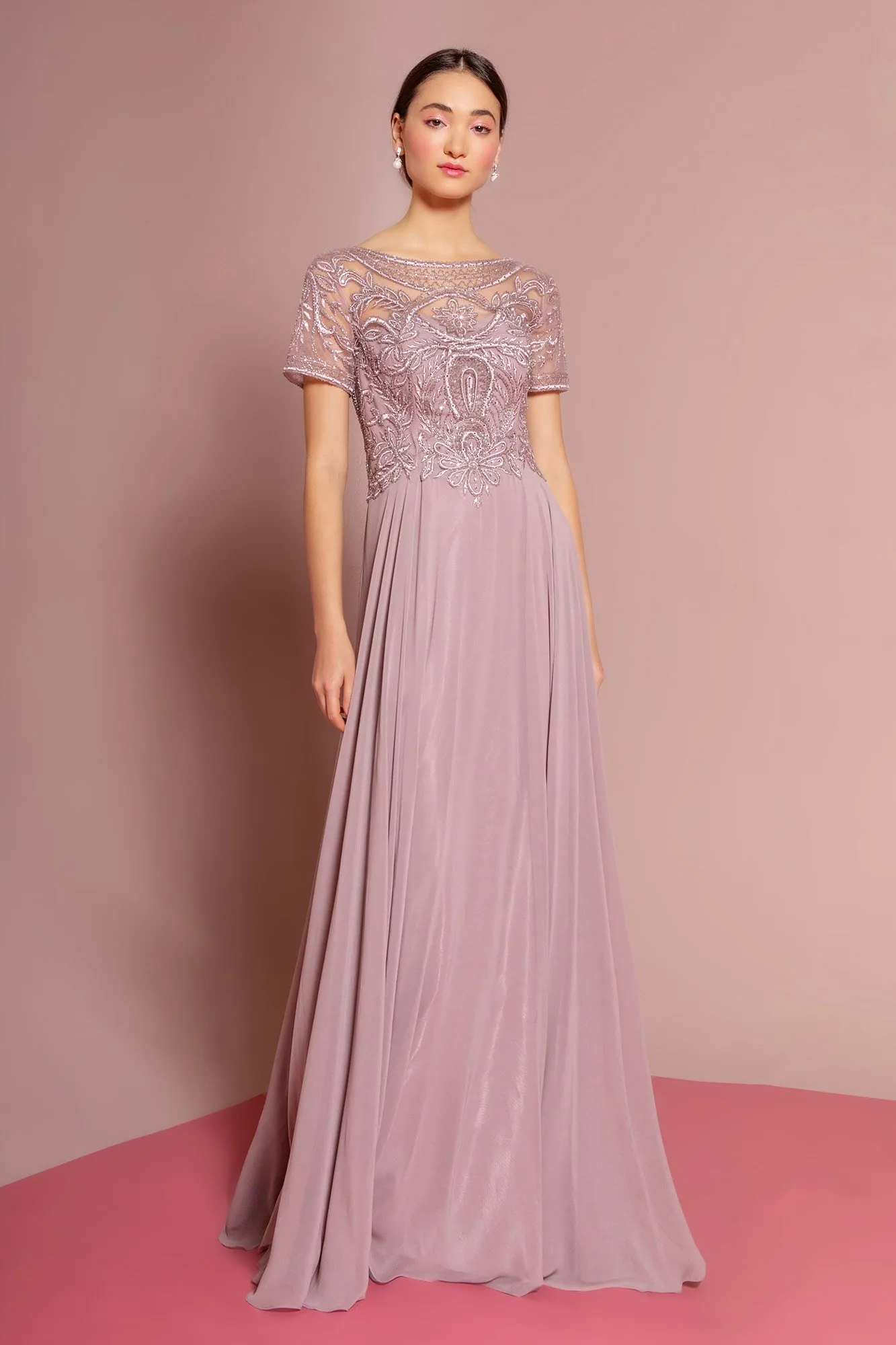 Beaded Bodice Cap Sleeve A-Line Chiffon Dress GLGL2683