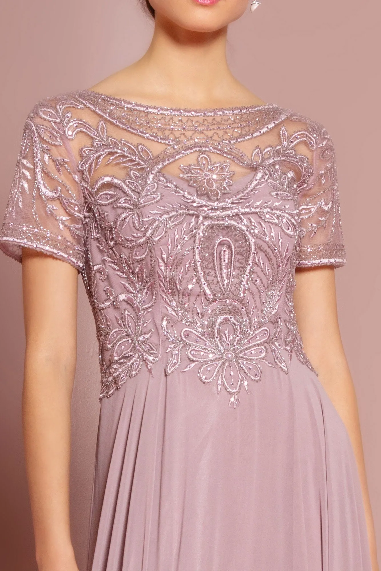 Beaded Bodice Cap Sleeve A-Line Chiffon Dress GLGL2683