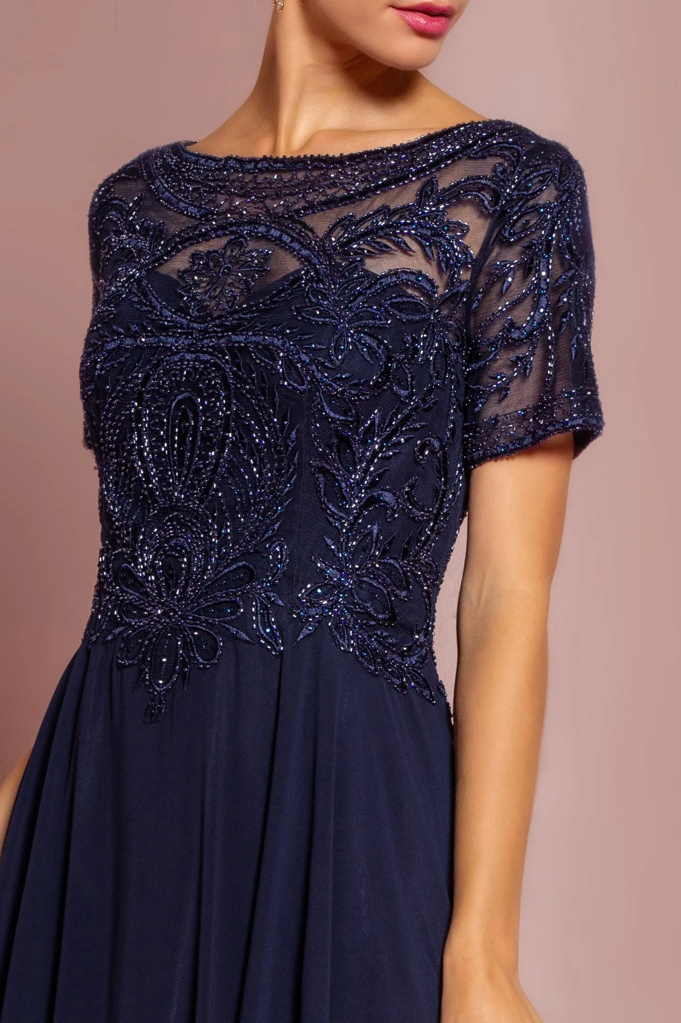 Beaded Bodice Cap Sleeve A-Line Chiffon Dress GLGL2683