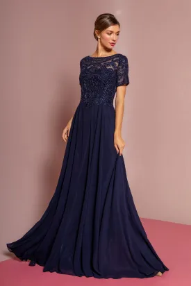 Beaded Bodice Cap Sleeve A-Line Chiffon Dress GLGL2683