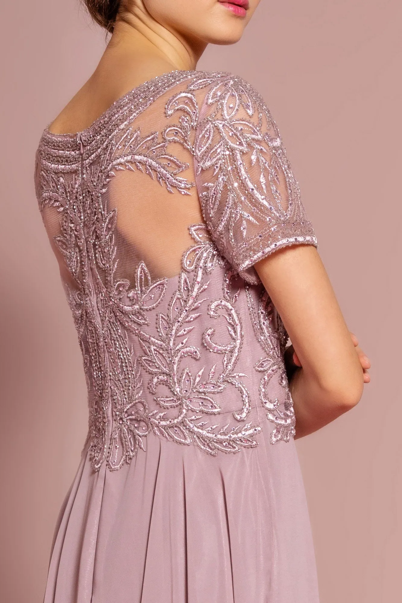 Beaded Bodice Cap Sleeve A-Line Chiffon Dress GLGL2683