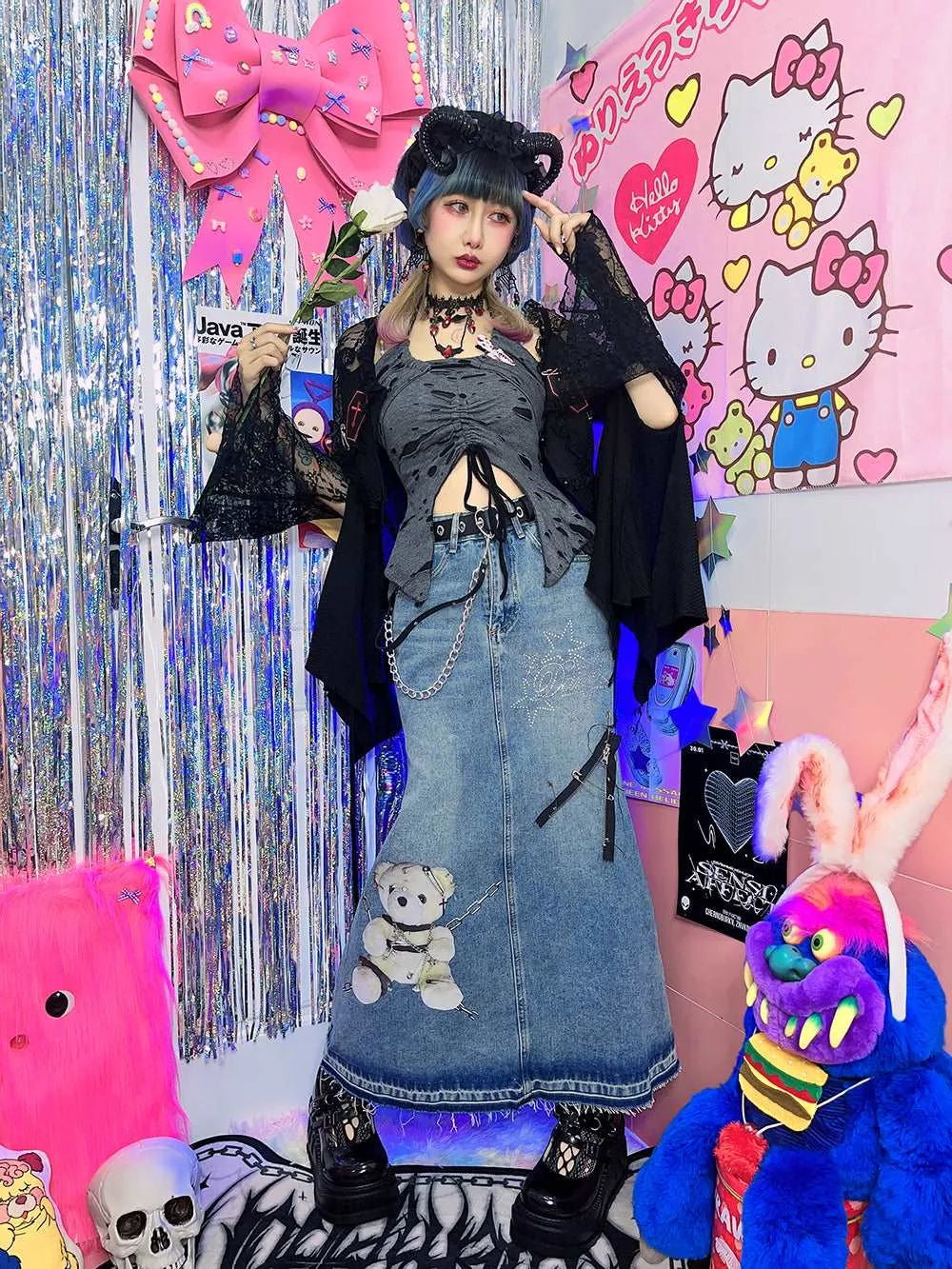 Bear Chain Street Hiphop Style Y2K Hot Girl Mid-length Denim Skirt