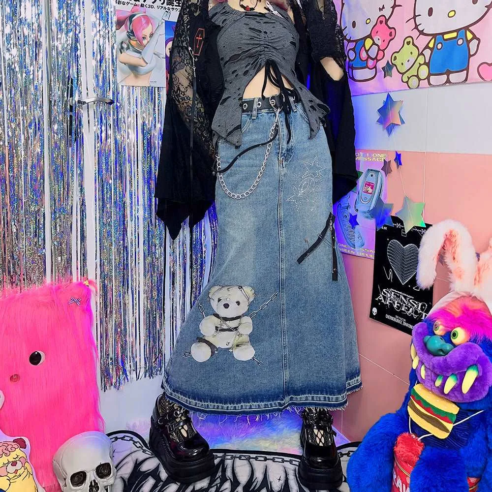 Bear Chain Street Hiphop Style Y2K Hot Girl Mid-length Denim Skirt