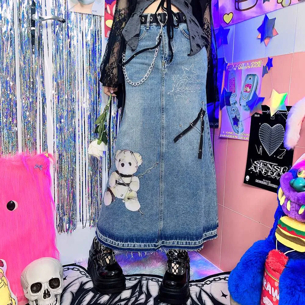 Bear Chain Street Hiphop Style Y2K Hot Girl Mid-length Denim Skirt