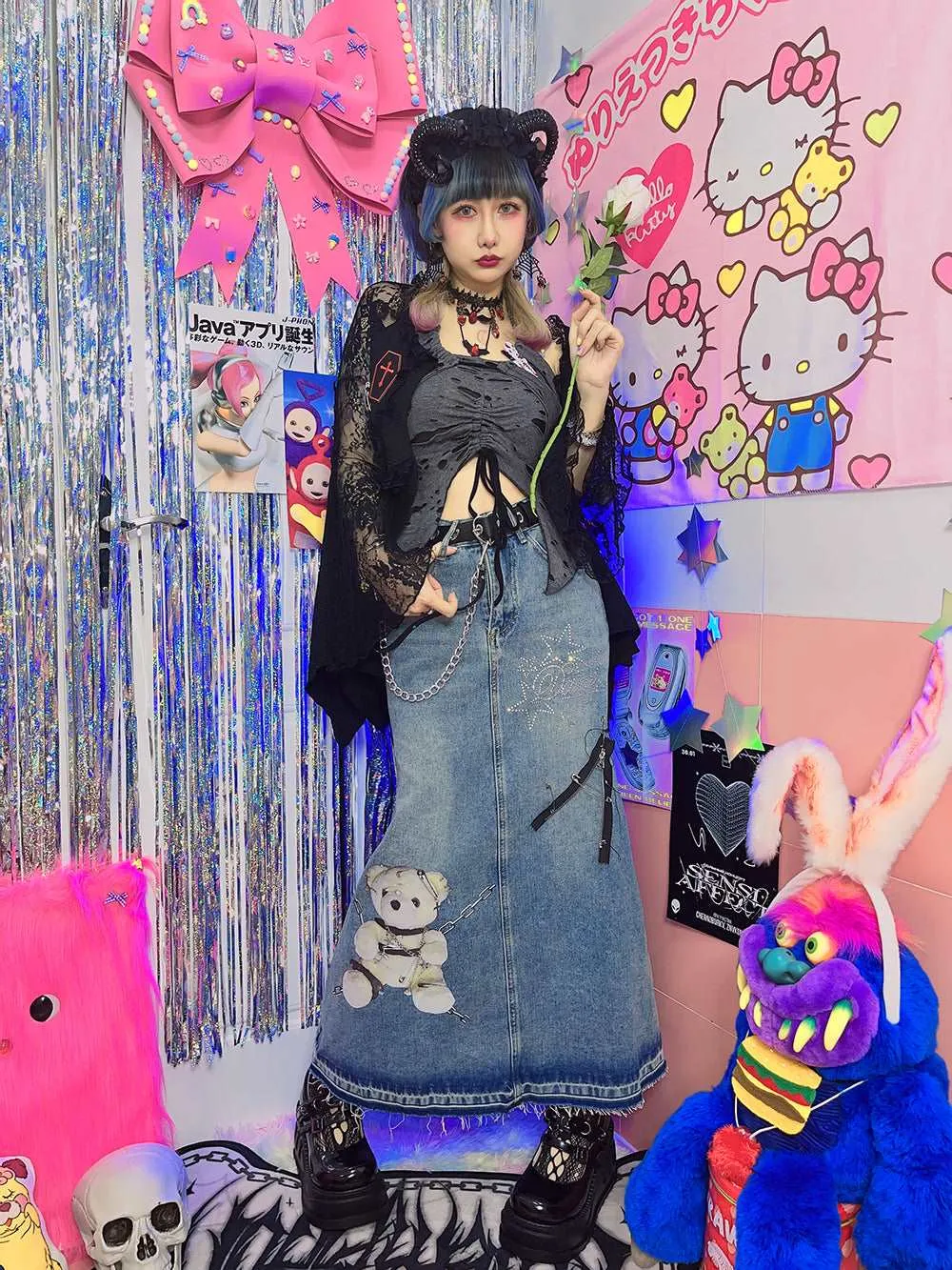Bear Chain Street Hiphop Style Y2K Hot Girl Mid-length Denim Skirt