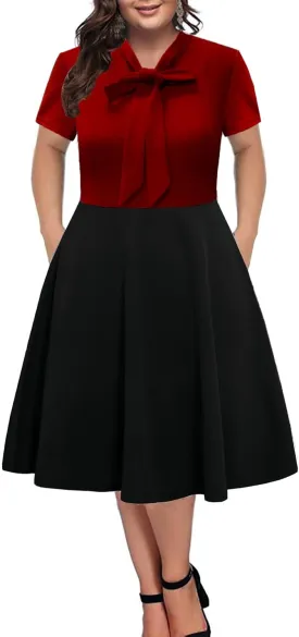 BEDOAR Women's Plus Size Dress Vintage Bow Tie Neck Casual Business Work Knee Length A-line Dresses with Pockets
