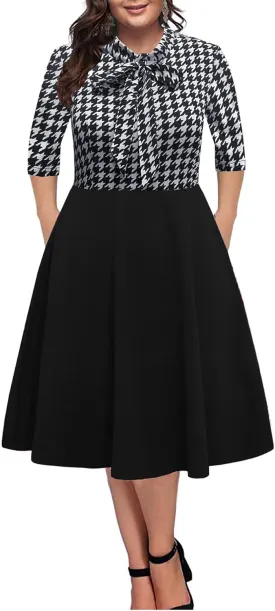 BEDOAR Women's Plus Size Dress Vintage Bow Tie Neck Casual Business Work Knee Length A-line Dresses with Pockets