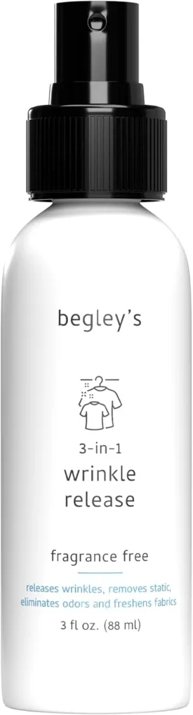 Begley's 3-in-1 Wrinkle Remover, Quick Fix Wrinkle Release, Static Cling Remover, Odor Eliminator and Fabric Refresher Spray - USDA Certified Biobased - Fragrance-Free, 3 oz Travel Size