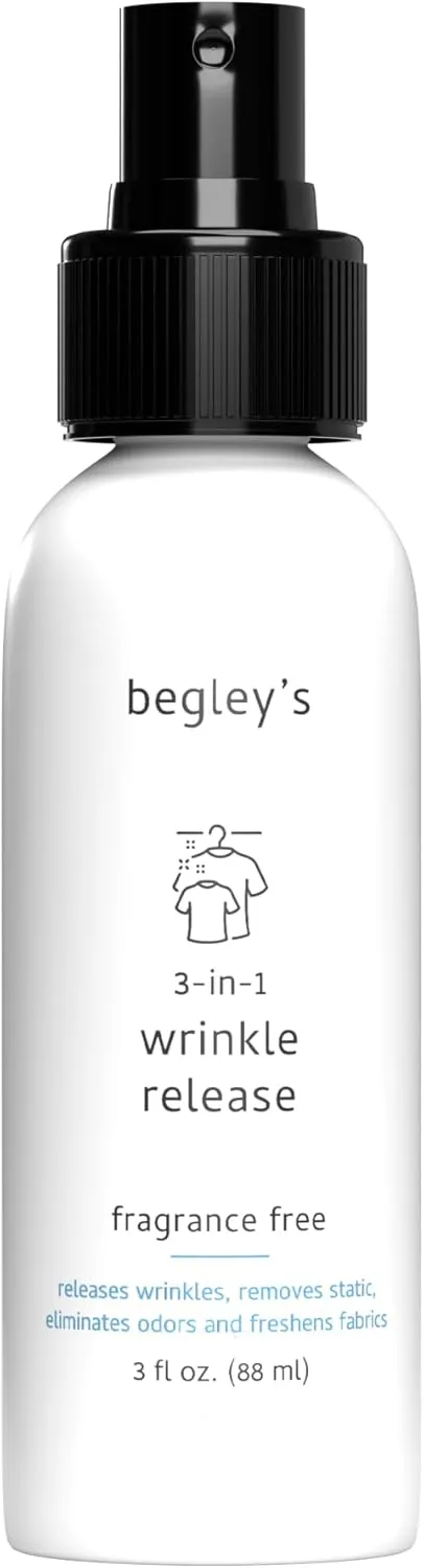 Begley's 3-in-1 Wrinkle Remover, Quick Fix Wrinkle Release, Static Cling Remover, Odor Eliminator and Fabric Refresher Spray - USDA Certified Biobased - Fragrance-Free, 3 oz Travel Size