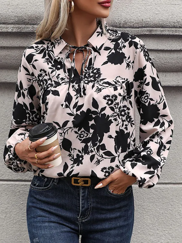 Bethan Women's New V-Neck Lace-Up Printed Shirt