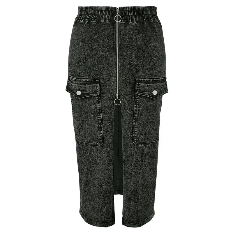 Briya Slit Denim Washed Retro Pencil Skirt Hip-covering Straight Long Skirt