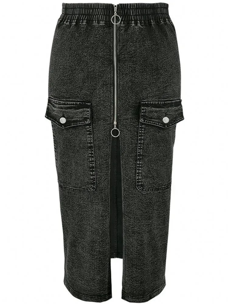 Briya Slit Denim Washed Retro Pencil Skirt Hip-covering Straight Long Skirt