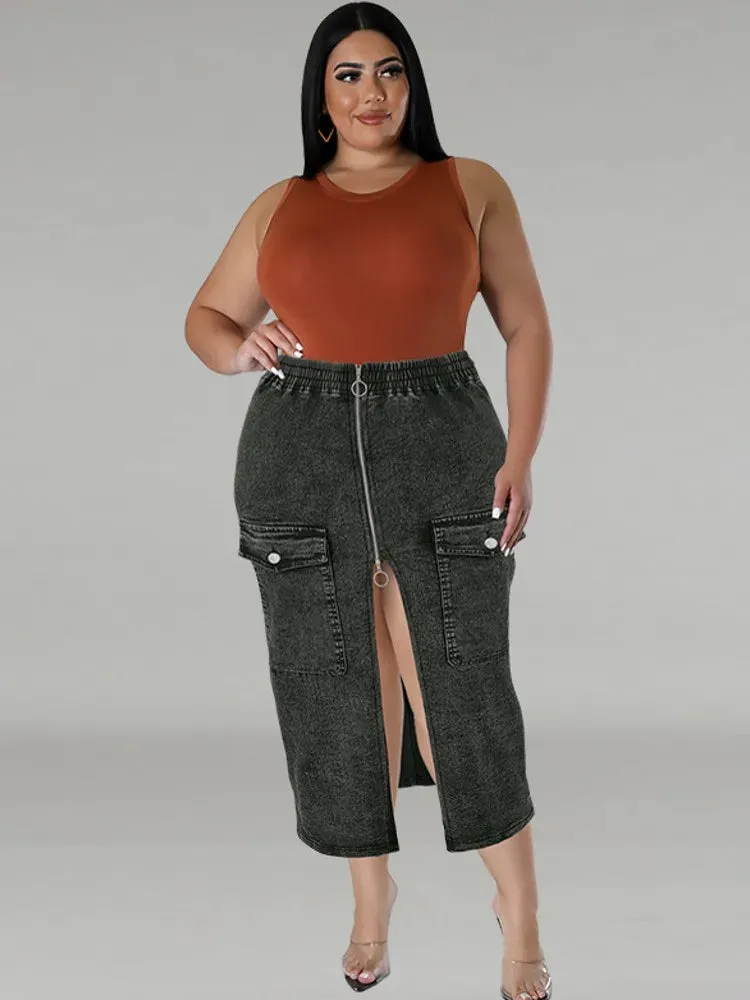 Briya Slit Denim Washed Retro Pencil Skirt Hip-covering Straight Long Skirt