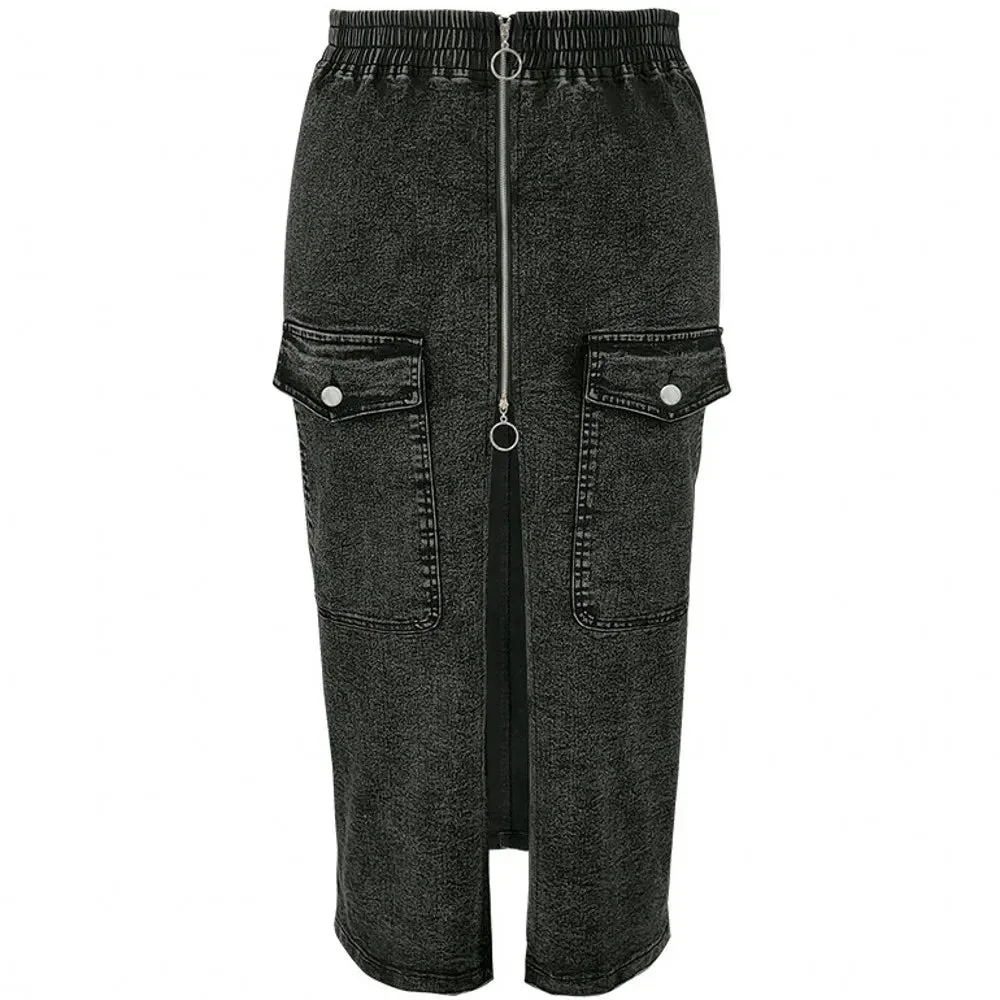 Briya Slit Denim Washed Retro Pencil Skirt Hip-covering Straight Long Skirt