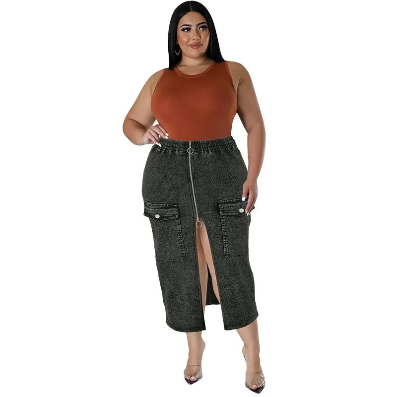 Briya Slit Denim Washed Retro Pencil Skirt Hip-covering Straight Long Skirt