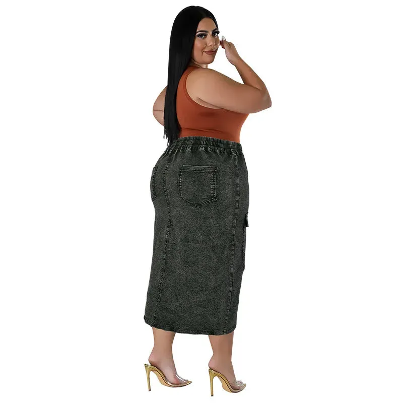 Briya Slit Denim Washed Retro Pencil Skirt Hip-covering Straight Long Skirt